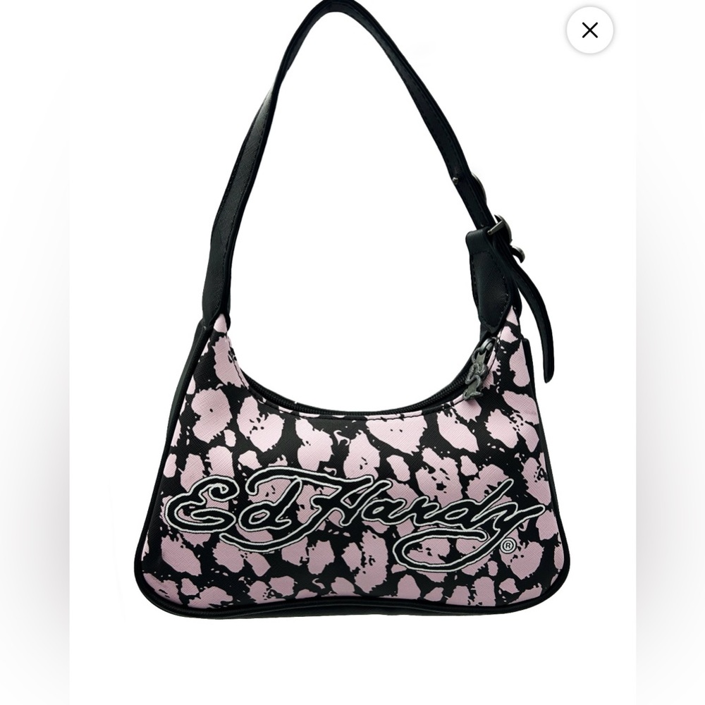 NEW Ed Hardy x Siberia Hills Collab Pink Black Logo Y2K Hobo Shoulder Bag Purse‎